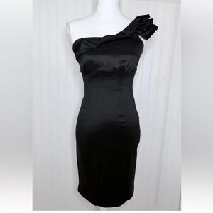 Snap Cocktail Dress Women Size 9 Black Excellent One Shoulder Ruffle Bodycon LBD